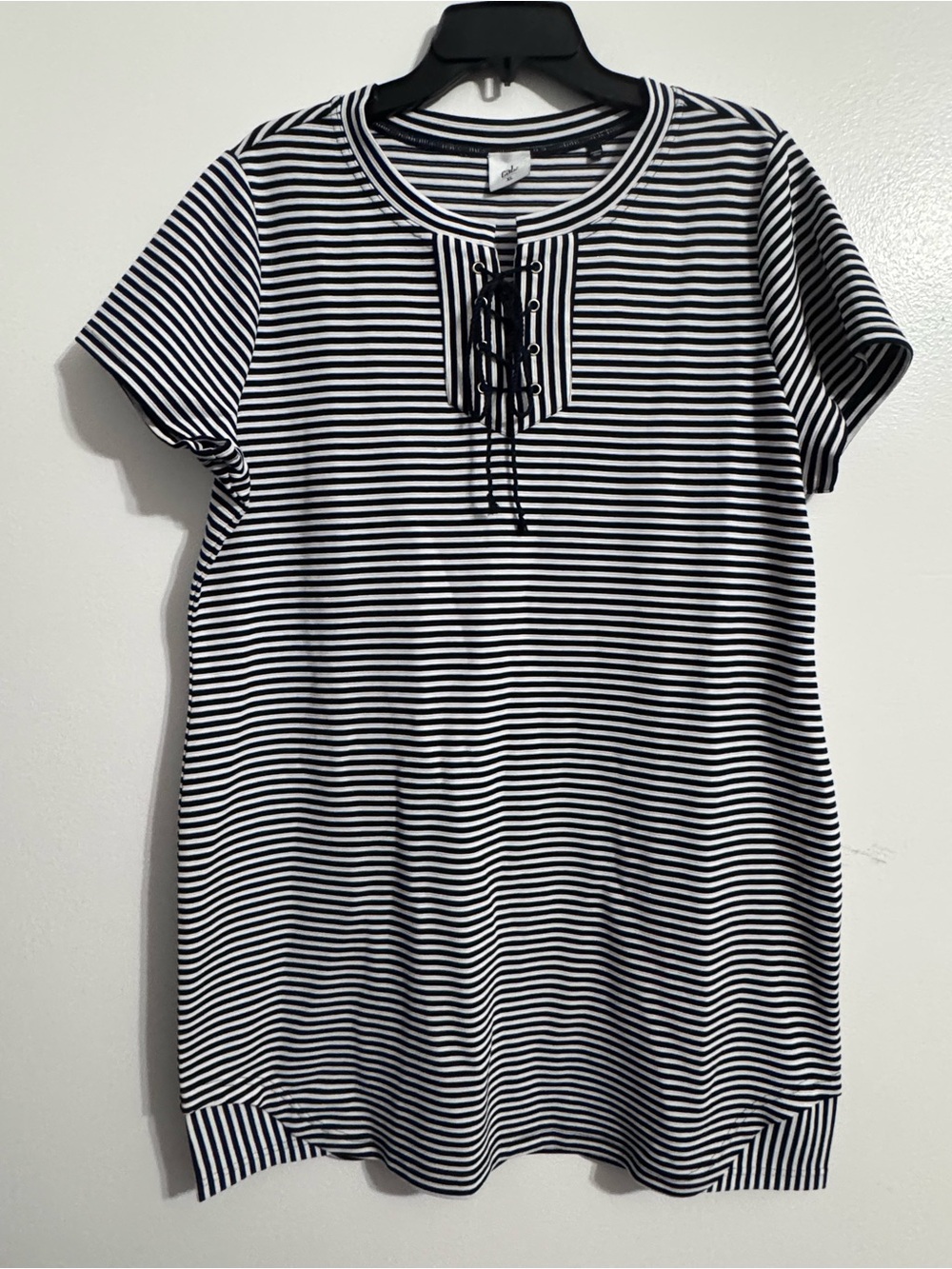 CAbi Navy & White Striped Lace-Up Knit Top